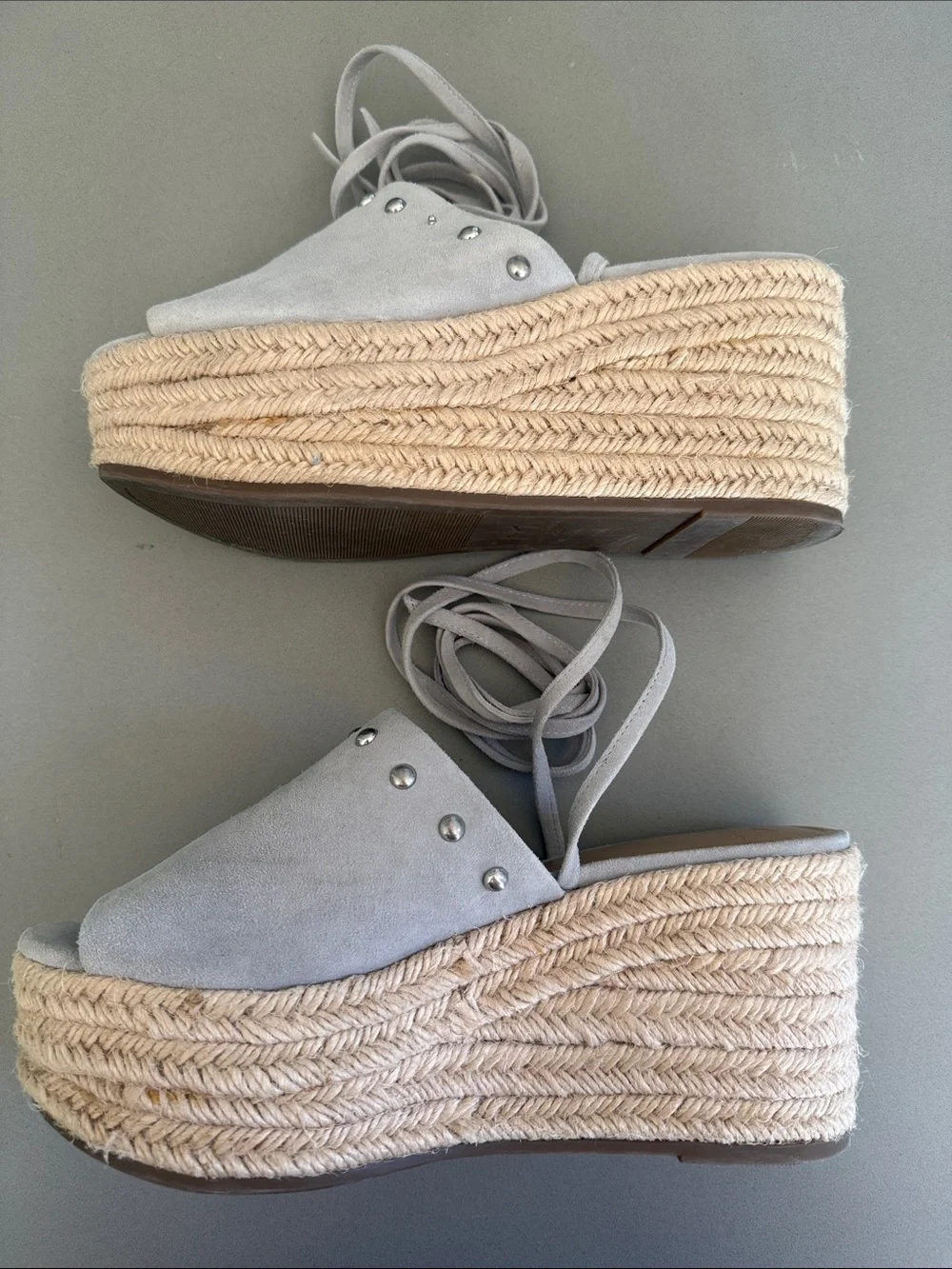 Marc Fisher Beige Suede Espadrille Slide Wedge with Ankle Wrap